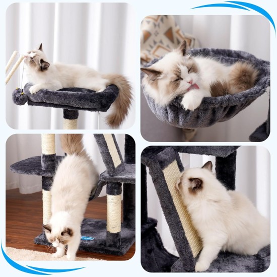 Hey-Brother MPJ019-SW Cat Scratching Post, 135 cm Indoor Cat Tree with Padded Platform Bed, Toy Ball, Caves, Hammock and Sisal Cat House, Light Grey Hey-Brother MPJ019-SW Cat Scratching Post, 135 cm Indoor Cat Tree with Padded Platform Bed, Toy Ball, Caves, Hammock and Sisal Cat House, Light Grey