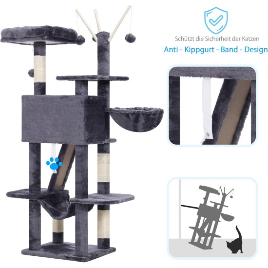 Hey-Brother MPJ019-SW Cat Scratching Post, 135 cm Indoor Cat Tree with Padded Platform Bed, Toy Ball, Caves, Hammock and Sisal Cat House, Light Grey Hey-Brother MPJ019-SW Cat Scratching Post, 135 cm Indoor Cat Tree with Padded Platform Bed, Toy Ball, Caves, Hammock and Sisal Cat House, Light Grey