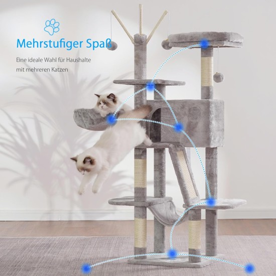 Hey-Brother MPJ019-SW Cat Scratching Post, 135 cm Indoor Cat Tree with Padded Platform Bed, Toy Ball, Caves, Hammock and Sisal Cat House, Light Grey Hey-Brother MPJ019-SW Cat Scratching Post, 135 cm Indoor Cat Tree with Padded Platform Bed, Toy Ball, Caves, Hammock and Sisal Cat House, Light Grey
