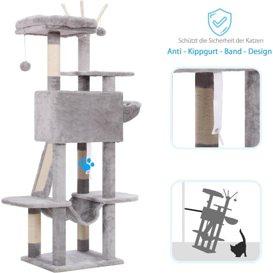 Hey-Brother MPJ019-SW Cat Scratching Post, 135 cm Indoor Cat Tree with Padded Platform Bed, Toy Ball, Caves, Hammock and Sisal Cat House, Light Grey Hey-Brother MPJ019-SW Cat Scratching Post, 135 cm Indoor Cat Tree with Padded Platform Bed, Toy Ball, Caves, Hammock and Sisal Cat House, Light Grey