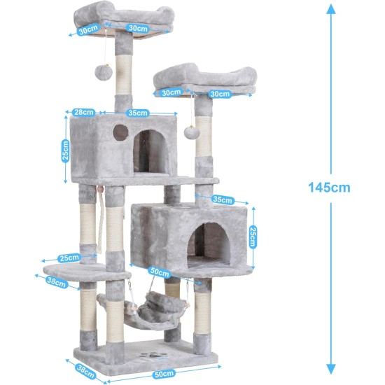 Hey-brother EMPJ020-SW Cat Scratching Post for Large Cats Stable with Sisal Rope, 2 Large Houses and 2 Platforms, Light Grey Hey-brother EMPJ020-SW Cat Scratching Post for Large Cats Stable with Sisal Rope, 2 Large Houses and 2 Platforms, Light Grey