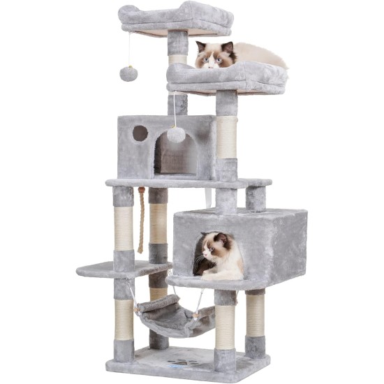 Hey-brother EMPJ020-SW Cat Scratching Post for Large Cats Stable with Sisal Rope, 2 Large Houses and 2 Platforms, Light Grey