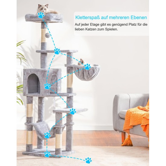 Hey-brother EMPJ050W 154 cm Stable Cat Scratching Post with Sisal Rope, Hammock, Basket, House and Platform, Light Grey Hey-brother EMPJ050W 154 cm Stable Cat Scratching Post with Sisal Rope, Hammock, Basket, House and Platform, Light Grey