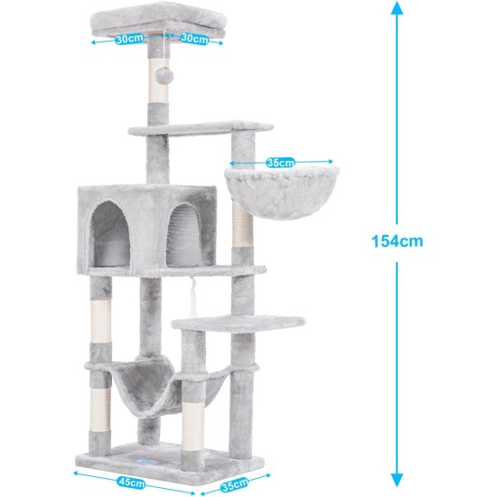 Hey-brother EMPJ050W 154 cm Stable Cat Scratching Post with Sisal Rope, Hammock, Basket, House and Platform, Light Grey Hey-brother EMPJ050W 154 cm Stable Cat Scratching Post with Sisal Rope, Hammock, Basket, House and Platform, Light Grey