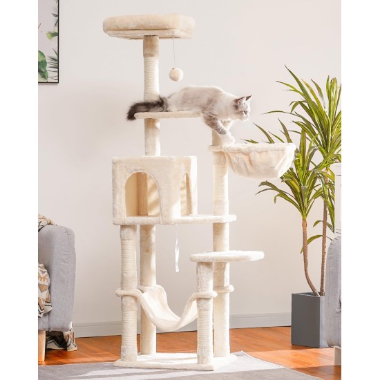 Hey-brother EMPJ050W 154 cm Stable Cat Scratching Post with Sisal Rope, Hammock, Basket, House and Platform, Light Grey Hey-brother EMPJ050W 154 cm Stable Cat Scratching Post with Sisal Rope, Hammock, Basket, House and Platform, Light Grey