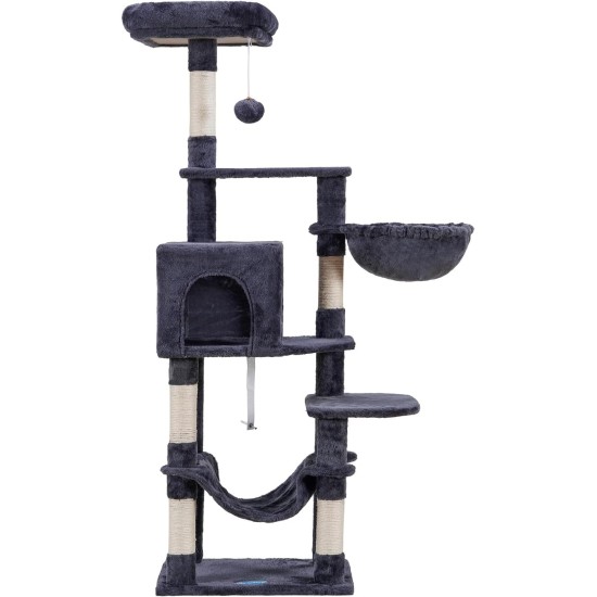 Hey-brother EMPJ050W 154 cm Stable Cat Scratching Post with Sisal Rope, Hammock, Basket, House and Platform, Light Grey Hey-brother EMPJ050W 154 cm Stable Cat Scratching Post with Sisal Rope, Hammock, Basket, House and Platform, Light Grey