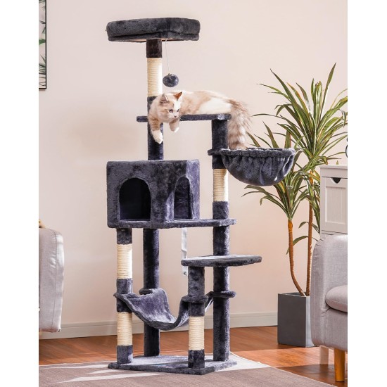 Hey-brother EMPJ050W 154 cm Stable Cat Scratching Post with Sisal Rope, Hammock, Basket, House and Platform, Light Grey Hey-brother EMPJ050W 154 cm Stable Cat Scratching Post with Sisal Rope, Hammock, Basket, House and Platform, Light Grey