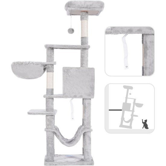 Hey-brother EMPJ050W 154 cm Stable Cat Scratching Post with Sisal Rope, Hammock, Basket, House and Platform, Light Grey Hey-brother EMPJ050W 154 cm Stable Cat Scratching Post with Sisal Rope, Hammock, Basket, House and Platform, Light Grey