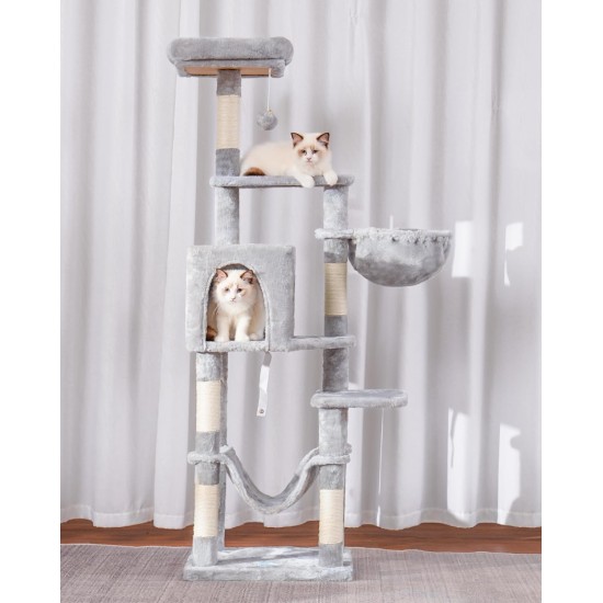 Hey-brother EMPJ050W 154 cm Stable Cat Scratching Post with Sisal Rope, Hammock, Basket, House and Platform, Light Grey Hey-brother EMPJ050W 154 cm Stable Cat Scratching Post with Sisal Rope, Hammock, Basket, House and Platform, Light Grey