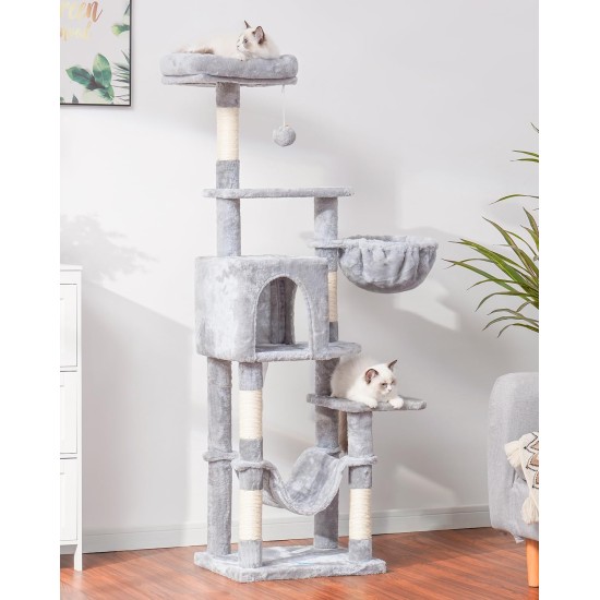 Hey-brother EMPJ050W 154 cm Stable Cat Scratching Post with Sisal Rope, Hammock, Basket, House and Platform, Light Grey Hey-brother EMPJ050W 154 cm Stable Cat Scratching Post with Sisal Rope, Hammock, Basket, House and Platform, Light Grey