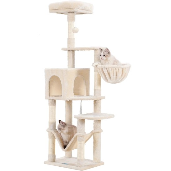 Hey-brother EMPJ050W 154 cm Stable Cat Scratching Post with Sisal Rope, Hammock, Basket, House and Platform, Light Grey Hey-brother EMPJ050W 154 cm Stable Cat Scratching Post with Sisal Rope, Hammock, Basket, House and Platform, Light Grey