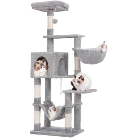 Hey-brother EMPJ050W 154 cm Stable Cat Scratching Post with Sisal Rope, Hammock, Basket, House and Platform, Light Grey Hey-brother EMPJ050W 154 cm Stable Cat Scratching Post with Sisal Rope, Hammock, Basket, House and Platform, Light Grey