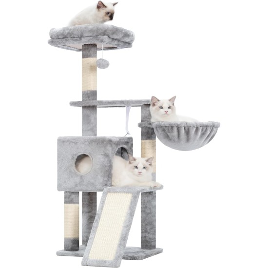 Hey-brother MPJ007SW Cat Scratching Post, 108 cm Indoor Cat Tree, Multi-Tier Cat Scratching Post for Kittens, with Scratching Posts, Ramp, Baskets, Spacious Cat Hole and Hanging Pompom Toy, Light Grey Hey-brother MPJ007SW Cat Scratching Post, 108 cm Indoor Cat Tree, Multi-Tier Cat Scratching Post for Kittens, with Scratching Posts, Ramp, Baskets, Spacious Cat Hole and Hanging Pompom Toy, Light Grey