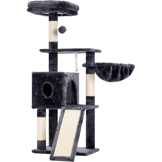 Hey-brother MPJ007SW Cat Scratching Post, 108 cm Indoor Cat Tree, Multi-Tier Cat Scratching Post for Kittens, with Scratching Posts, Ramp, Baskets, Spacious Cat Hole and Hanging Pompom Toy, Light Grey Hey-brother MPJ007SW Cat Scratching Post, 108 cm Indoor Cat Tree, Multi-Tier Cat Scratching Post for Kittens, with Scratching Posts, Ramp, Baskets, Spacious Cat Hole and Hanging Pompom Toy, Light Grey
