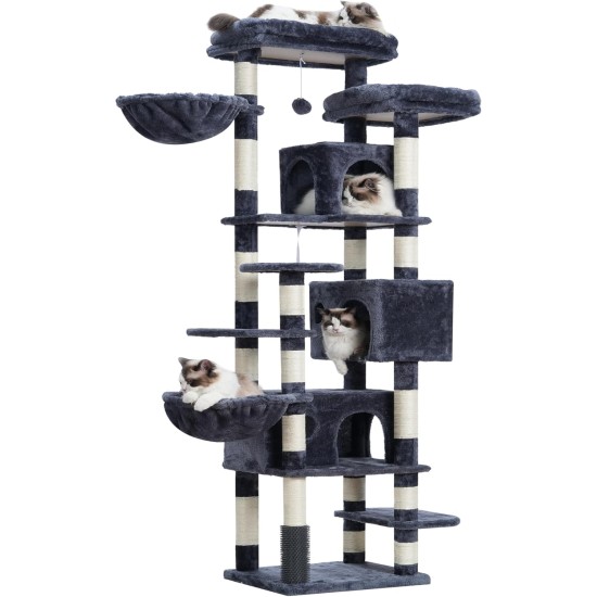 Hey-brother MPJ035-MG Cat Scratching Post, 188 cm XXL Climbing Tree with 2 Large Platforms, 3 Caves, 2 Baskets, Plush Balls and Sisal Scratching Posts, Multi-Level Cat Scratching Post, Smoke Grey Hey-brother MPJ035-MG Cat Scratching Post, 188 cm XXL Climbing Tree with 2 Large Platforms, 3 Caves, 2 Baskets, Plush Balls and Sisal Scratching Posts, Multi-Level Cat Scratching Post, Smoke Grey