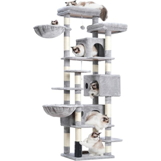 Hey-brother MPJ035-MG Cat Scratching Post, 188 cm XXL Climbing Tree with 2 Large Platforms, 3 Caves, 2 Baskets, Plush Balls and Sisal Scratching Posts, Multi-Level Cat Scratching Post, Smoke Grey Hey-brother MPJ035-MG Cat Scratching Post, 188 cm XXL Climbing Tree with 2 Large Platforms, 3 Caves, 2 Baskets, Plush Balls and Sisal Scratching Posts, Multi-Level Cat Scratching Post, Smoke Grey