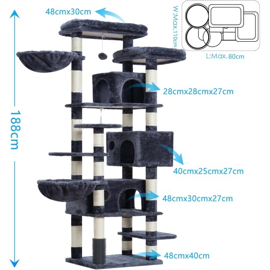 Hey-brother MPJ035-MG Cat Scratching Post, 188 cm XXL Climbing Tree with 2 Large Platforms, 3 Caves, 2 Baskets, Plush Balls and Sisal Scratching Posts, Multi-Level Cat Scratching Post, Smoke Grey Hey-brother MPJ035-MG Cat Scratching Post, 188 cm XXL Climbing Tree with 2 Large Platforms, 3 Caves, 2 Baskets, Plush Balls and Sisal Scratching Posts, Multi-Level Cat Scratching Post, Smoke Grey