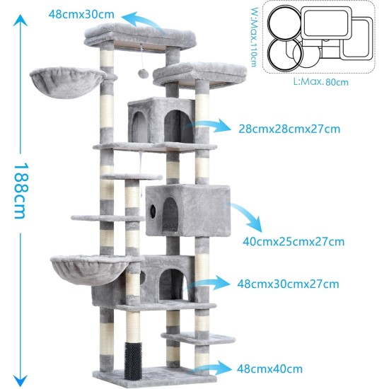 Hey-brother MPJ035-MG Cat Scratching Post, 188 cm XXL Climbing Tree with 2 Large Platforms, 3 Caves, 2 Baskets, Plush Balls and Sisal Scratching Posts, Multi-Level Cat Scratching Post, Smoke Grey Hey-brother MPJ035-MG Cat Scratching Post, 188 cm XXL Climbing Tree with 2 Large Platforms, 3 Caves, 2 Baskets, Plush Balls and Sisal Scratching Posts, Multi-Level Cat Scratching Post, Smoke Grey