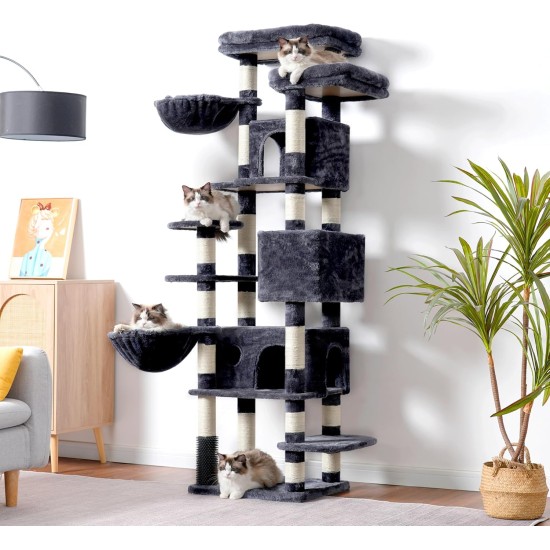 Hey-brother MPJ035-MG Cat Scratching Post, 188 cm XXL Climbing Tree with 2 Large Platforms, 3 Caves, 2 Baskets, Plush Balls and Sisal Scratching Posts, Multi-Level Cat Scratching Post, Smoke Grey Hey-brother MPJ035-MG Cat Scratching Post, 188 cm XXL Climbing Tree with 2 Large Platforms, 3 Caves, 2 Baskets, Plush Balls and Sisal Scratching Posts, Multi-Level Cat Scratching Post, Smoke Grey