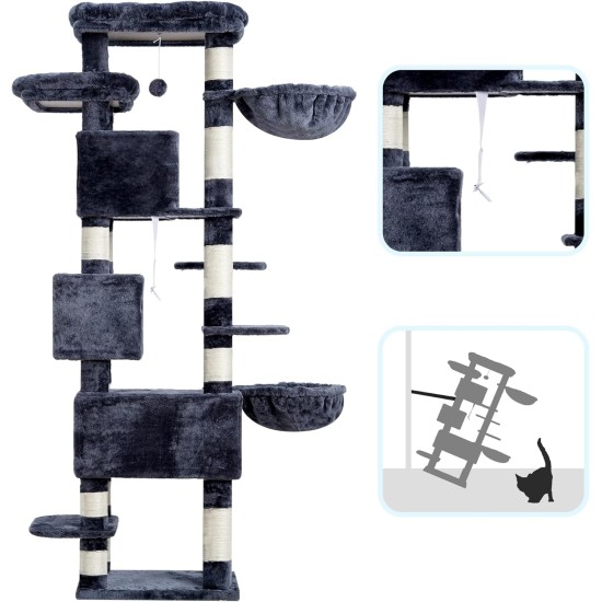 Hey-brother MPJ035-MG Cat Scratching Post, 188 cm XXL Climbing Tree with 2 Large Platforms, 3 Caves, 2 Baskets, Plush Balls and Sisal Scratching Posts, Multi-Level Cat Scratching Post, Smoke Grey Hey-brother MPJ035-MG Cat Scratching Post, 188 cm XXL Climbing Tree with 2 Large Platforms, 3 Caves, 2 Baskets, Plush Balls and Sisal Scratching Posts, Multi-Level Cat Scratching Post, Smoke Grey