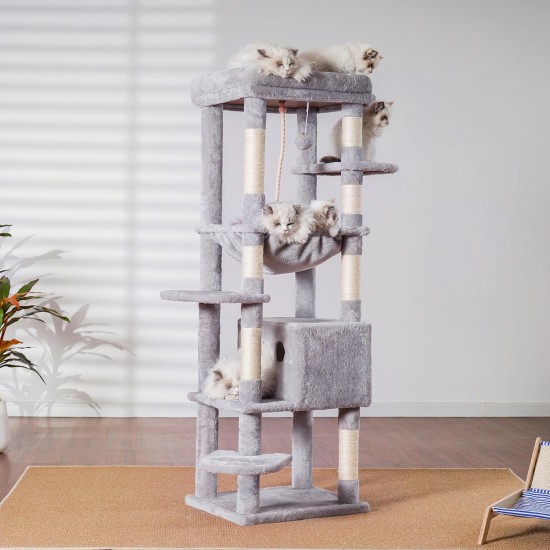 Heybly HCT050W Cat Scratching Post with Blankets for Large Cat Tree Large Platforms Cave 50 x 50 x 153cm Light Grey Heybly HCT050W Cat Scratching Post with Blankets for Large Cat Tree Large Platforms Cave 50 x 50 x 153cm Light Grey