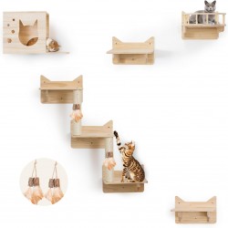 MIUZMORE Pine Cat Wall Shelves, Set of 5 Cat Wall Furniture, Cat Scratching Post with 3 Levels, Cat Perch, Cat House and Cat House, 4 Cat Toys - Cat Shelves for Wall MIUZMORE Pine Cat Wall Shelves, Set of 5 Cat Wall Furniture, Cat Scratching Post with 3 Levels, Cat Perch, Cat House and Cat House, 4 Cat Toys - Cat Shelves for Wall