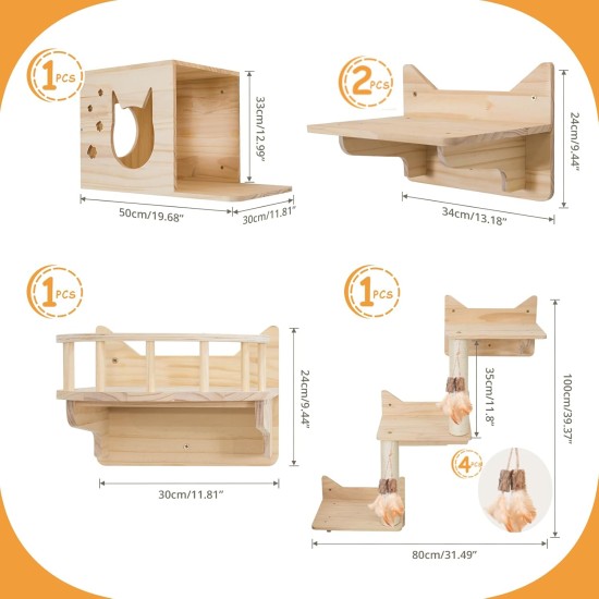 MIUZMORE Pine Cat Wall Shelves, Set of 5 Cat Wall Furniture, Cat Scratching Post with 3 Levels, Cat Perch, Cat House and Cat House, 4 Cat Toys - Cat Shelves for Wall MIUZMORE Pine Cat Wall Shelves, Set of 5 Cat Wall Furniture, Cat Scratching Post with 3 Levels, Cat Perch, Cat House and Cat House, 4 Cat Toys - Cat Shelves for Wall