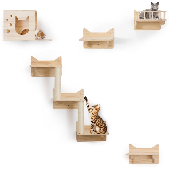 MIUZMORE Pine Cat Wall Shelves, Set of 5 Cat Wall Furniture, Cat Scratching Post with 3 Levels, Cat Perch, Cat House and Cat House, 4 Cat Toys - Cat Shelves for Wall MIUZMORE Pine Cat Wall Shelves, Set of 5 Cat Wall Furniture, Cat Scratching Post with 3 Levels, Cat Perch, Cat House and Cat House, 4 Cat Toys - Cat Shelves for Wall