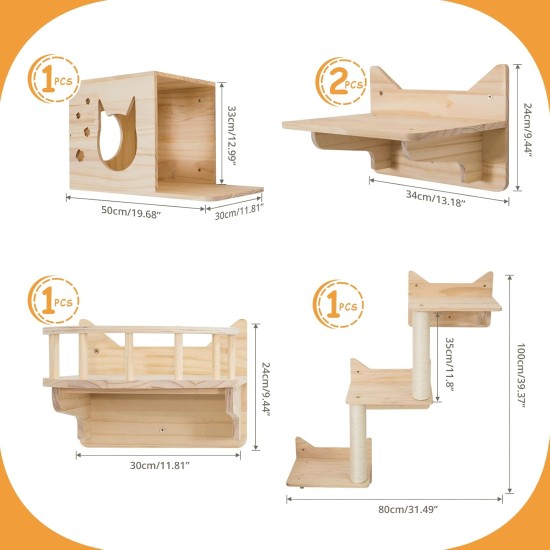 MIUZMORE Pine Cat Wall Shelves, Set of 5 Cat Wall Furniture, Cat Scratching Post with 3 Levels, Cat Perch, Cat House and Cat House, 4 Cat Toys - Cat Shelves for Wall MIUZMORE Pine Cat Wall Shelves, Set of 5 Cat Wall Furniture, Cat Scratching Post with 3 Levels, Cat Perch, Cat House and Cat House, 4 Cat Toys - Cat Shelves for Wall