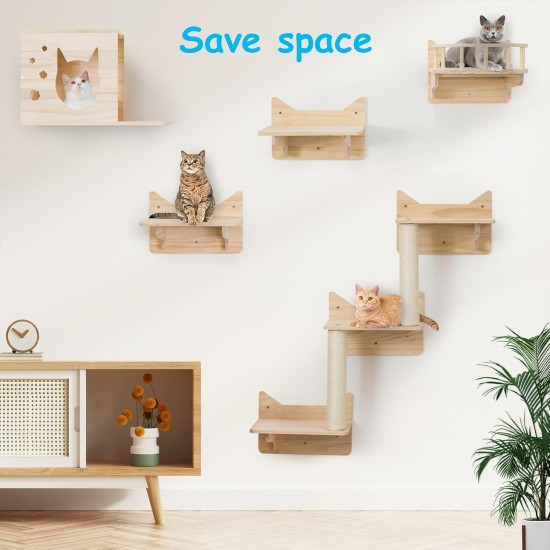 MIUZMORE Pine Cat Wall Shelves, Set of 5 Cat Wall Furniture, Cat Scratching Post with 3 Levels, Cat Perch, Cat House and Cat House, 4 Cat Toys - Cat Shelves for Wall MIUZMORE Pine Cat Wall Shelves, Set of 5 Cat Wall Furniture, Cat Scratching Post with 3 Levels, Cat Perch, Cat House and Cat House, 4 Cat Toys - Cat Shelves for Wall