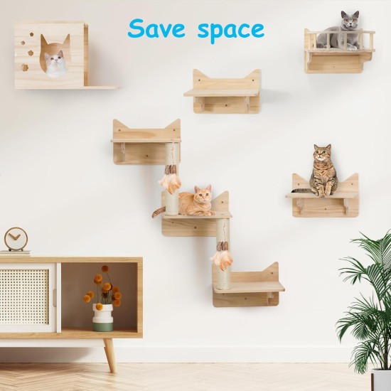 MIUZMORE Pine Cat Wall Shelves, Set of 5 Cat Wall Furniture, Cat Scratching Post with 3 Levels, Cat Perch, Cat House and Cat House, 4 Cat Toys - Cat Shelves for Wall MIUZMORE Pine Cat Wall Shelves, Set of 5 Cat Wall Furniture, Cat Scratching Post with 3 Levels, Cat Perch, Cat House and Cat House, 4 Cat Toys - Cat Shelves for Wall