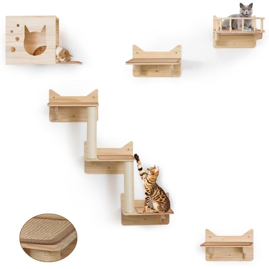 MIUZMORE Pine Cat Wall Shelves, Set of 5 Cat Wall Furniture, Cat Scratching Post with 3 Levels, Cat Perch, Cat House and Cat House, 4 Cat Toys - Cat Shelves for Wall MIUZMORE Pine Cat Wall Shelves, Set of 5 Cat Wall Furniture, Cat Scratching Post with 3 Levels, Cat Perch, Cat House and Cat House, 4 Cat Toys - Cat Shelves for Wall