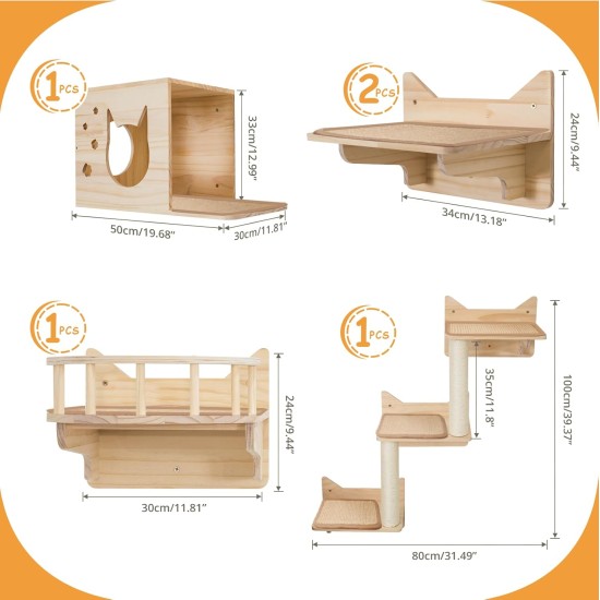 MIUZMORE Pine Cat Wall Shelves, Set of 5 Cat Wall Furniture, Cat Scratching Post with 3 Levels, Cat Perch, Cat House and Cat House, 4 Cat Toys - Cat Shelves for Wall MIUZMORE Pine Cat Wall Shelves, Set of 5 Cat Wall Furniture, Cat Scratching Post with 3 Levels, Cat Perch, Cat House and Cat House, 4 Cat Toys - Cat Shelves for Wall
