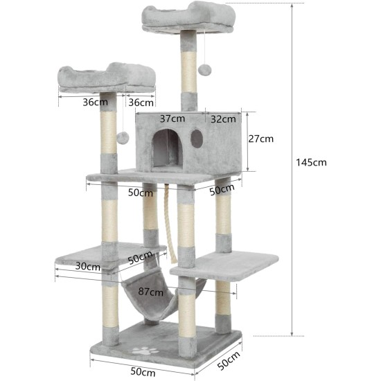 Meerveil Cat Tree, 145 cm High, Large Cat Scratching Post, Multi-Level Sturdy Cat Climbing Tower with Padded Plush Perches, Play Towers, Cat Climbing Tower, Toy for Cat Activities, Light Grey Meerveil Cat Tree, 145 cm High, Large Cat Scratching Post, Multi-Level Sturdy Cat Climbing Tower with Padded Plush Perches, Play Towers, Cat Climbing Tower, Toy for Cat Activities, Light Grey