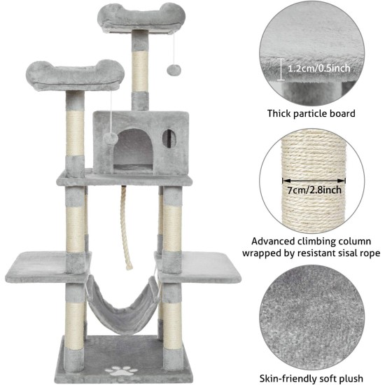 Meerveil Cat Tree, 145 cm High, Large Cat Scratching Post, Multi-Level Sturdy Cat Climbing Tower with Padded Plush Perches, Play Towers, Cat Climbing Tower, Toy for Cat Activities, Light Grey Meerveil Cat Tree, 145 cm High, Large Cat Scratching Post, Multi-Level Sturdy Cat Climbing Tower with Padded Plush Perches, Play Towers, Cat Climbing Tower, Toy for Cat Activities, Light Grey