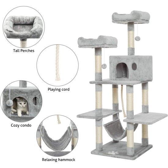 Meerveil Cat Tree, 145 cm High, Large Cat Scratching Post, Multi-Level Sturdy Cat Climbing Tower with Padded Plush Perches, Play Towers, Cat Climbing Tower, Toy for Cat Activities, Light Grey Meerveil Cat Tree, 145 cm High, Large Cat Scratching Post, Multi-Level Sturdy Cat Climbing Tower with Padded Plush Perches, Play Towers, Cat Climbing Tower, Toy for Cat Activities, Light Grey