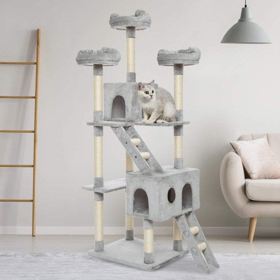 Meerveil Cat Tree, 145 cm High, Large Cat Scratching Post, Multi-Level Sturdy Cat Climbing Tower with Padded Plush Perches, Play Towers, Cat Climbing Tower, Toy for Cat Activities, Light Grey Meerveil Cat Tree, 145 cm High, Large Cat Scratching Post, Multi-Level Sturdy Cat Climbing Tower with Padded Plush Perches, Play Towers, Cat Climbing Tower, Toy for Cat Activities, Light Grey
