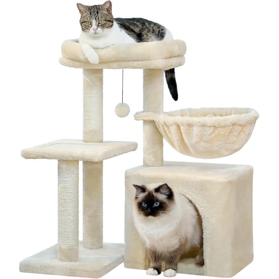 PAWZ Road Cat Scratching Post, Small Cat Tower [73 cm] with Large Hammock, 2 Types of Cat Activity Tree with Sisal Cat Scratching Post, Interactive Danging Ball for Indoor Cats, Beige