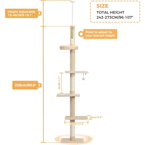 PAWZ Road Cat Tree, 5 Tier Floor to Ceiling Height Adjustable High Cat Climbing Activity Centre with Cat Scratching Post, Cozy Bed, Dangling Ball for Indoor Cats/Kittens, Beige PAWZ Road Cat Tree, 5 Tier Floor to Ceiling Height Adjustable High Cat Climbing Activity Centre with Cat Scratching Post, Cozy Bed, Dangling Ball for Indoor Cats/Kittens, Beige