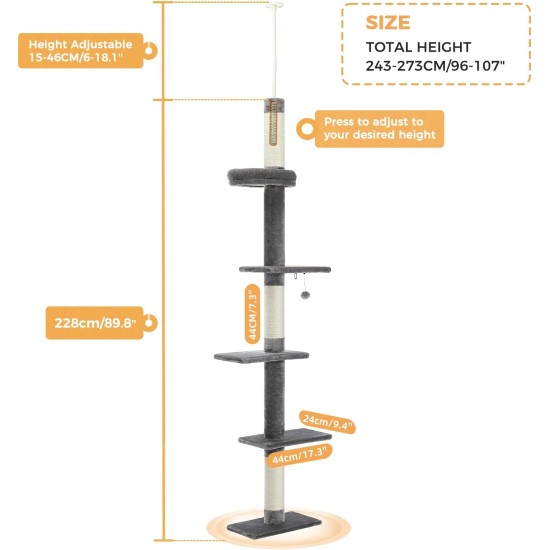 PAWZ Road Cat Tree, 5 Tier Floor to Ceiling Height Adjustable High Cat Climbing Activity Centre with Cat Scratching Post, Cozy Bed, Dangling Ball for Indoor Cats/Kittens, Beige PAWZ Road Cat Tree, 5 Tier Floor to Ceiling Height Adjustable High Cat Climbing Activity Centre with Cat Scratching Post, Cozy Bed, Dangling Ball for Indoor Cats/Kittens, Beige