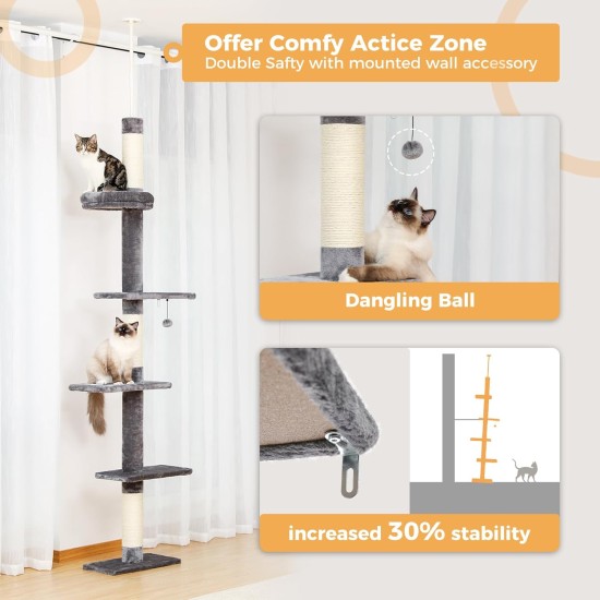 PAWZ Road Cat Tree, 5 Tier Floor to Ceiling Height Adjustable High Cat Climbing Activity Centre with Cat Scratching Post, Cozy Bed, Dangling Ball for Indoor Cats/Kittens, Beige PAWZ Road Cat Tree, 5 Tier Floor to Ceiling Height Adjustable High Cat Climbing Activity Centre with Cat Scratching Post, Cozy Bed, Dangling Ball for Indoor Cats/Kittens, Beige