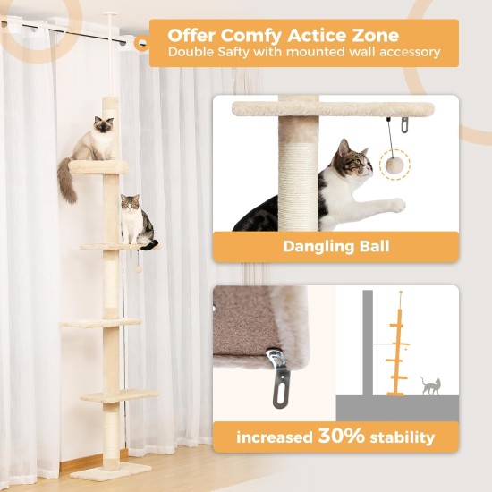 PAWZ Road Cat Tree, 5 Tier Floor to Ceiling Height Adjustable High Cat Climbing Activity Centre with Cat Scratching Post, Cozy Bed, Dangling Ball for Indoor Cats/Kittens, Beige PAWZ Road Cat Tree, 5 Tier Floor to Ceiling Height Adjustable High Cat Climbing Activity Centre with Cat Scratching Post, Cozy Bed, Dangling Ball for Indoor Cats/Kittens, Beige