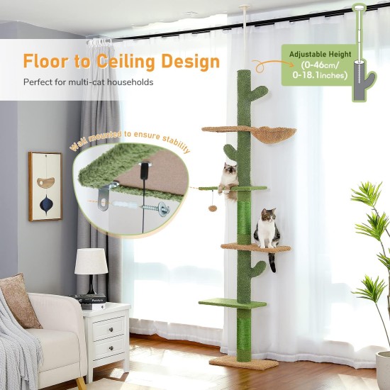 PAWZ Road Cat Tree, 5 Tier Floor to Ceiling Height Adjustable High Cat Climbing Activity Centre with Cat Scratching Post, Cozy Bed, Dangling Ball for Indoor Cats/Kittens, Beige PAWZ Road Cat Tree, 5 Tier Floor to Ceiling Height Adjustable High Cat Climbing Activity Centre with Cat Scratching Post, Cozy Bed, Dangling Ball for Indoor Cats/Kittens, Beige