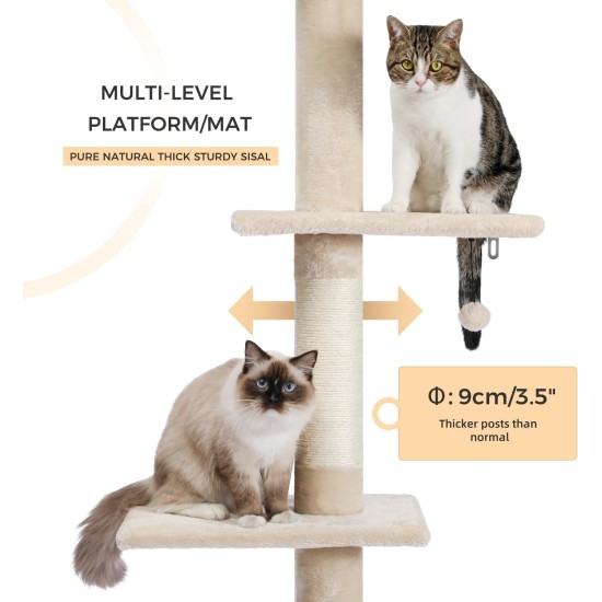 PAWZ Road Cat Tree, 5 Tier Floor to Ceiling Height Adjustable High Cat Climbing Activity Centre with Cat Scratching Post, Cozy Bed, Dangling Ball for Indoor Cats/Kittens, Beige PAWZ Road Cat Tree, 5 Tier Floor to Ceiling Height Adjustable High Cat Climbing Activity Centre with Cat Scratching Post, Cozy Bed, Dangling Ball for Indoor Cats/Kittens, Beige