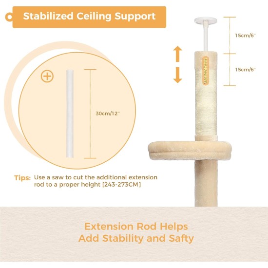 PAWZ Road Cat Tree, 5 Tier Floor to Ceiling Height Adjustable High Cat Climbing Activity Centre with Cat Scratching Post, Cozy Bed, Dangling Ball for Indoor Cats/Kittens, Beige PAWZ Road Cat Tree, 5 Tier Floor to Ceiling Height Adjustable High Cat Climbing Activity Centre with Cat Scratching Post, Cozy Bed, Dangling Ball for Indoor Cats/Kittens, Beige