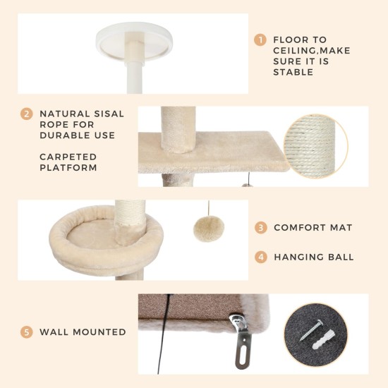 PAWZ Road Cat Tree, 5 Tier Floor to Ceiling Height Adjustable High Cat Climbing Activity Centre with Cat Scratching Post, Cozy Bed, Dangling Ball for Indoor Cats/Kittens, Beige PAWZ Road Cat Tree, 5 Tier Floor to Ceiling Height Adjustable High Cat Climbing Activity Centre with Cat Scratching Post, Cozy Bed, Dangling Ball for Indoor Cats/Kittens, Beige