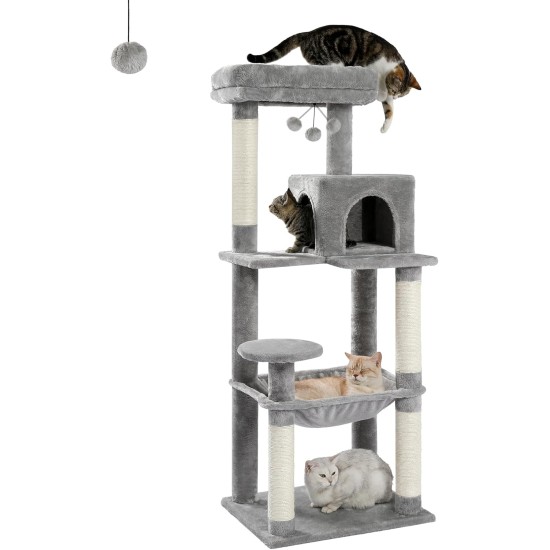 PAWZ Road Luxury Cat Tree Large Cat Play Tower Activity Centre Stable and Stable Cat Tree with Hammock and Beautiful Cat House Grey 143 cm PAWZ Road Luxury Cat Tree Large Cat Play Tower Activity Centre Stable and Stable Cat Tree with Hammock and Beautiful Cat House Grey 143 cm