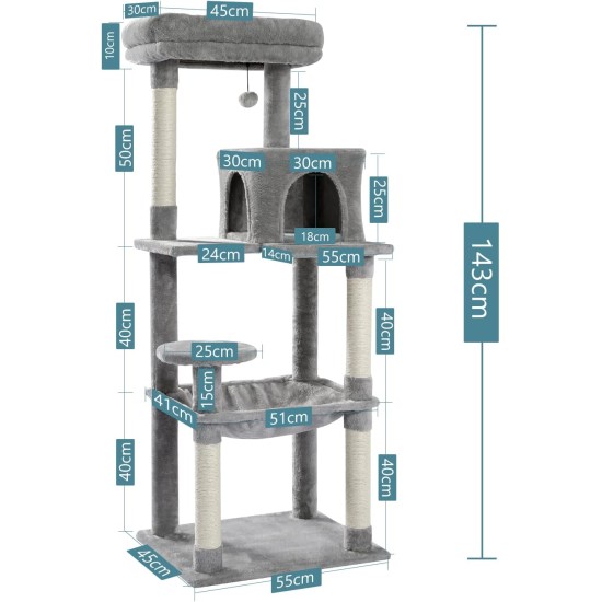 PAWZ Road Luxury Cat Tree Large Cat Play Tower Activity Centre Stable and Stable Cat Tree with Hammock and Beautiful Cat House Grey 143 cm PAWZ Road Luxury Cat Tree Large Cat Play Tower Activity Centre Stable and Stable Cat Tree with Hammock and Beautiful Cat House Grey 143 cm