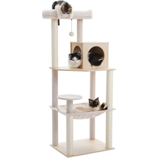 PAWZ Road Luxury Cat Tree Large Cat Play Tower Activity Centre Stable and Stable Cat Tree with Hammock and Beautiful Cat House Grey 143 cm PAWZ Road Luxury Cat Tree Large Cat Play Tower Activity Centre Stable and Stable Cat Tree with Hammock and Beautiful Cat House Grey 143 cm