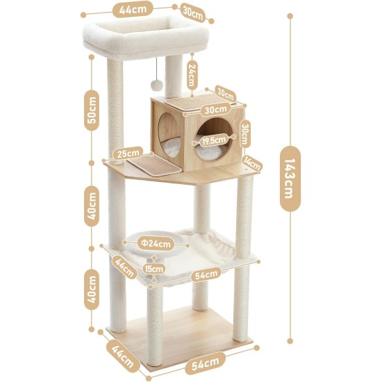 PAWZ Road Luxury Cat Tree Large Cat Play Tower Activity Centre Stable and Stable Cat Tree with Hammock and Beautiful Cat House Grey 143 cm PAWZ Road Luxury Cat Tree Large Cat Play Tower Activity Centre Stable and Stable Cat Tree with Hammock and Beautiful Cat House Grey 143 cm